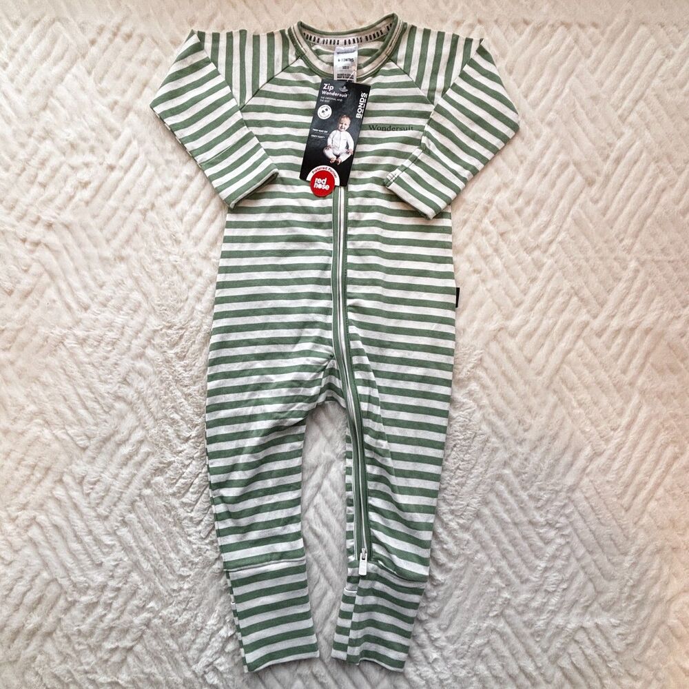 Bonds Wondersuit Size 0 6-12M Green White Stripe Zip Pajama Sleeper NWT Baby
